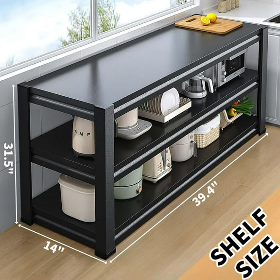 Standing Shelf Units Kitchen Storage Shelves, 3 Tier Adjustable Shelf Organizer, 39.4"W Kitchen Shelving, Reinforced Design Pantry Shelf, Kitchen Appliance Storage, for Pantry And Garage, Black