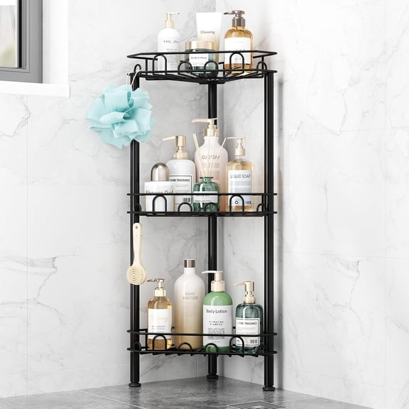 Standing Shower Caddy Corner - 3‑Tier Stainless Steel Shower Organizer Shelf with 12 Hooks and Adhesive Pads, Rustproof Corner Shelves Stand Rack for Bathroom Shower Room, Black