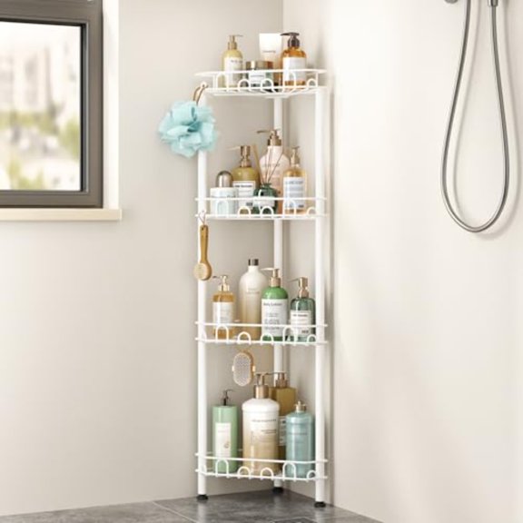 Standing Shower Caddy Corner - 4Tier Stainless Steel ShowerOrganizer Shelf with 16 Hooks and Adhesive Pads Rustproof Corner Shelves Stand Rack for Bathroom Shower Room white