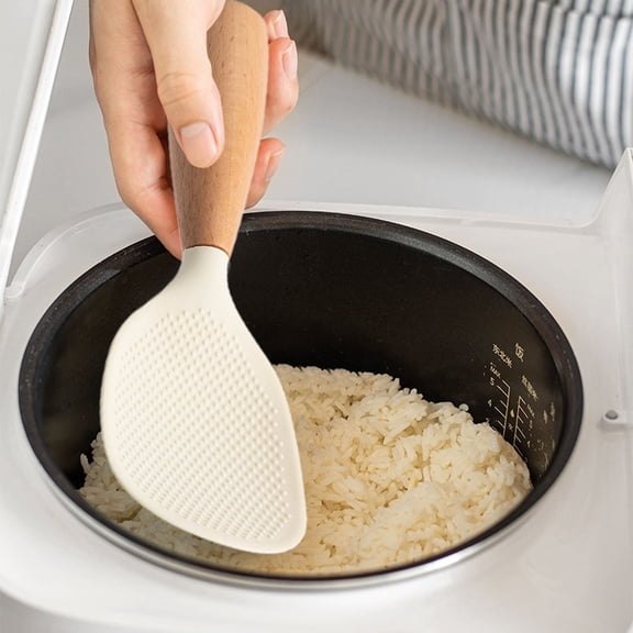 Standing Silicone Rice Spoon Paddle with Wooden Handle, Non-Stick Household Rice Shovel, Heat Resistant & Anti-Scalding Reusable Kitchen Utensil, Rice and Potato Servers, Serving Spoons
