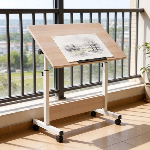 Standing Small Computer Desk with Wheels, 2-in-1 Art Table Height Adjustable Standing Desk Workstations for Study Classroom Draw-Studio Home&Office, White Maple Color