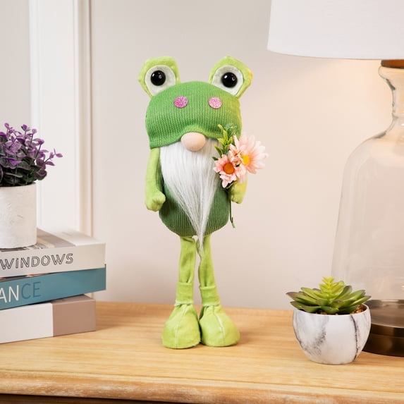 Standing Spring Gnome with Glittered Frog Hat - 14.5" - Green and White