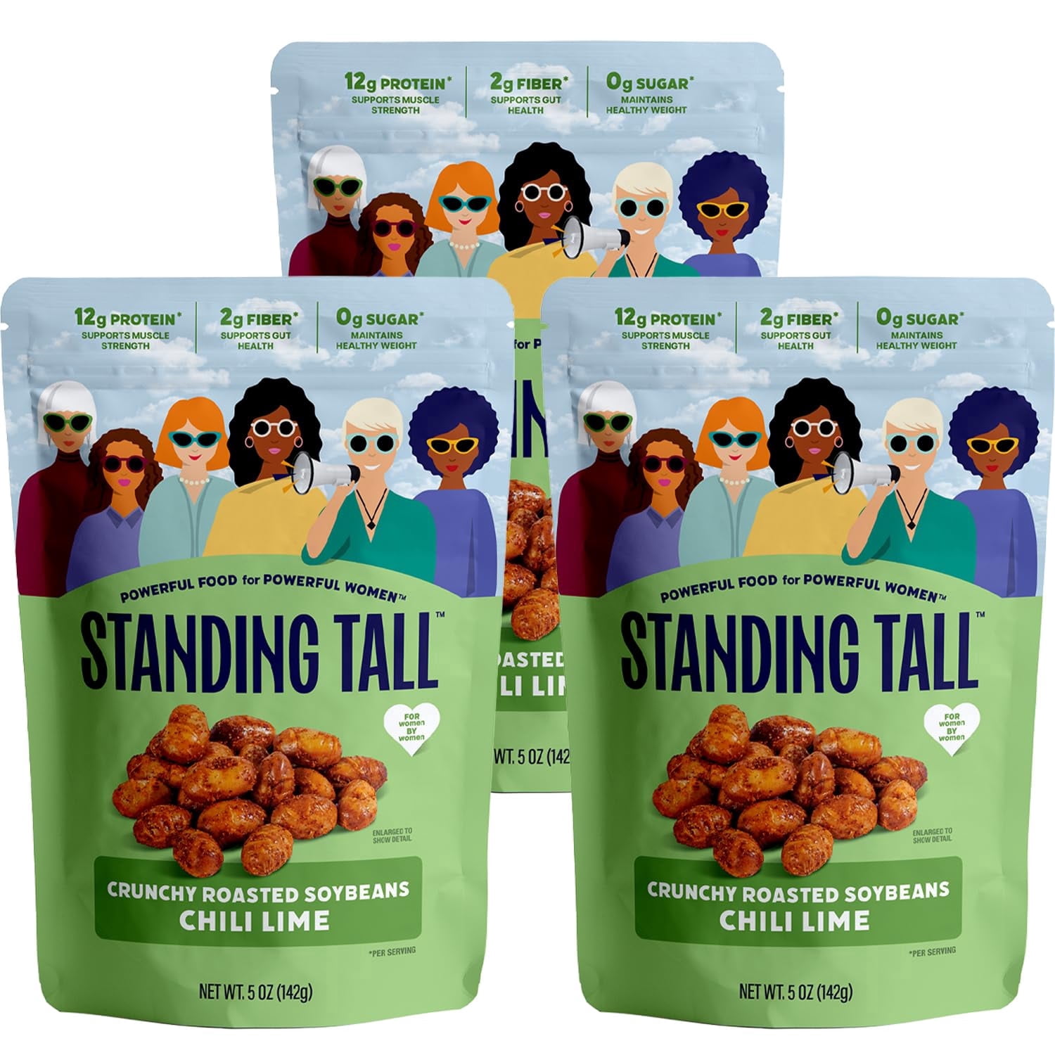 Standing Tall Roasted Soybean – Chili Lime– 12g protein, 2g fiber, 0g sugar, Plant-Based Vegan Snack, Gluten-Free, Non-GMO, 3 Count Pack, 5oz Each (Chile Lime)