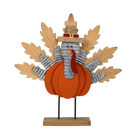 Standing Thanksgiving Turkey Decoration, Table Decors with Multi-Piece Pumpkin and Hat Features for Entryways, Counters, and Desks