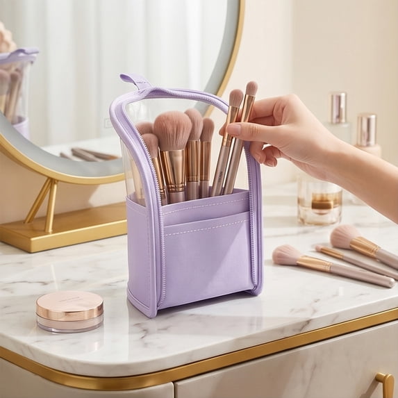 Standing Toiletry Bag Transparent Travel, Waterproof Cosmetic Organizer for Bathroom Countertop, Freestanding Makeup Brush Holder Pouch, Portable Travel Bag for Daily Beauty Essentials