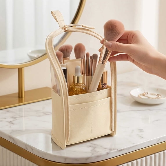 Standing Toiletry Bag with Transparent Waterproof Fabric Freestanding Base for Bathroom Countertop Travel