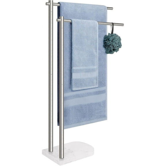 Standing Towel Rack, 304 Stainless Steel 2-Tier Towel Holder Stand with Marble Base, Modern Stylish Tall Shower Towel Bar for Bathroom Accessories, Pool（Brushed Nickel）