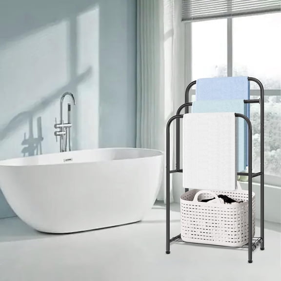 Standing Towel Rack 35 Inch 3 Tier Metal Bathroom Hanger with Storage Basket Matte Black for Pool Blanket Bath Towel Drying