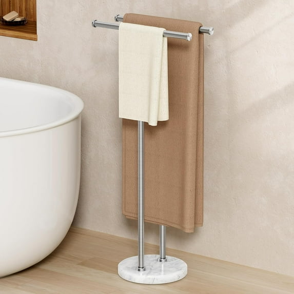 Standing Towel Rack for Bathroom Floor with 10.5 Lbs Natural Marble Base, 2-Tier Free Standing Towel Rack Double T-Shape, 18/8 Stainless Steel, Brushed Finish, BTH237A-2