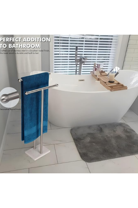 Standing Towel Rack Double-T Shape Tall Bath Towel Sheet Holder with Marble Design Base for Bathroom 2 Tier Towel Holder Stand Stainless Steel (Brushed Nickel)