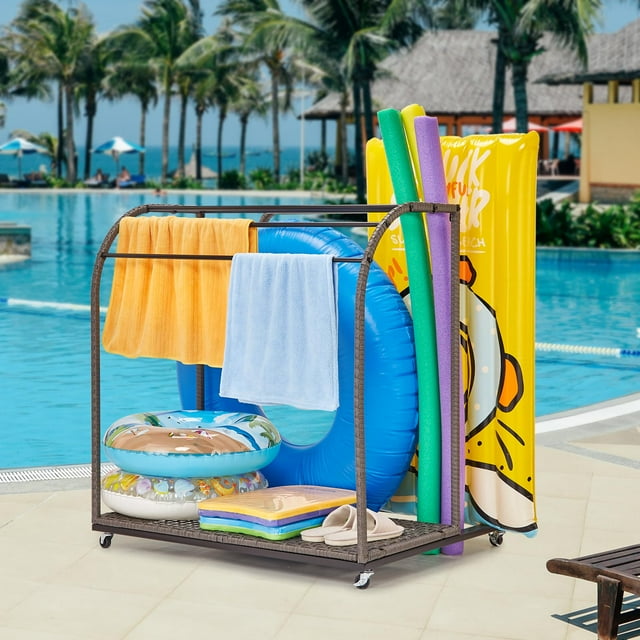 Standing Towel Rack,Pool Towel Rack Outdoor with Rattan Base,5 Bar Free Standing Poolside Beach