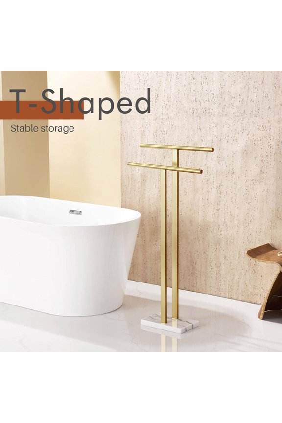 Standing Towel Rack for Bathroom Floor 2-Tier Towel Holder Free Stand with Heavy Marble Base Thicken Steady Design Gold Stainless Steel