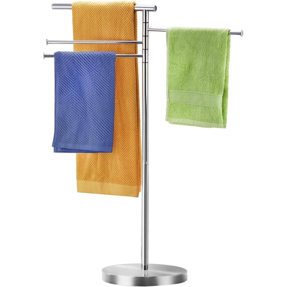 Standing Towel Rack with Weighted Base, 40 Inch Tall Freestanding Floor Drying Stand, 4 Swivel Arms, Stainless Steel Polished Chrome Finish