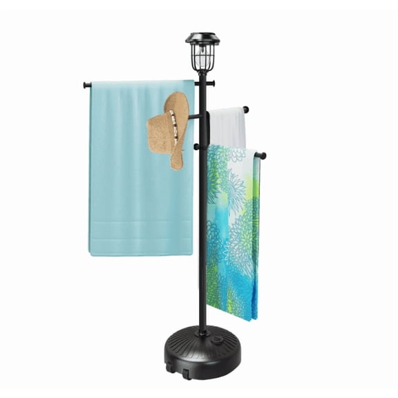 Standing Towel Rack with Wheels, Towel Holder with Backyards Lights, Adjustable Solar-Powered Pool Towel Rack Outdoor