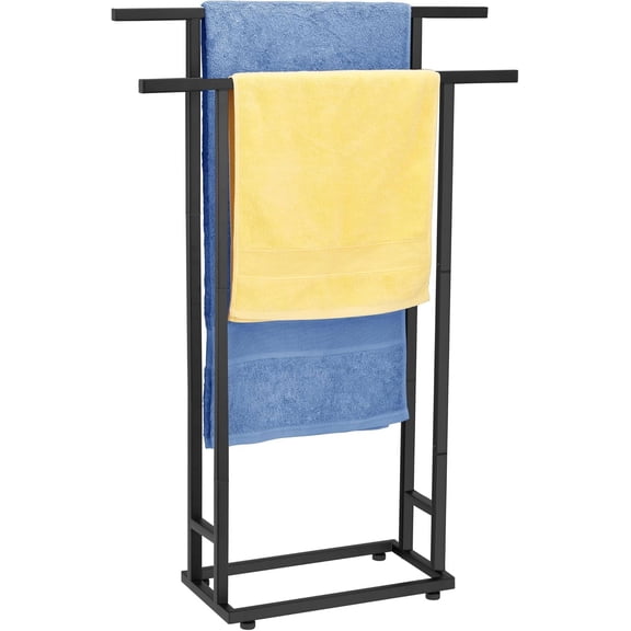 Standing Towel Racks for Bathroom, 2 Tier Bathroom Floor Free Standing Towel Rack, Tall Enough Pool Bath Drying and Dispaly Outdoor Stand for Storage, Black Freestanding Blanket Holder