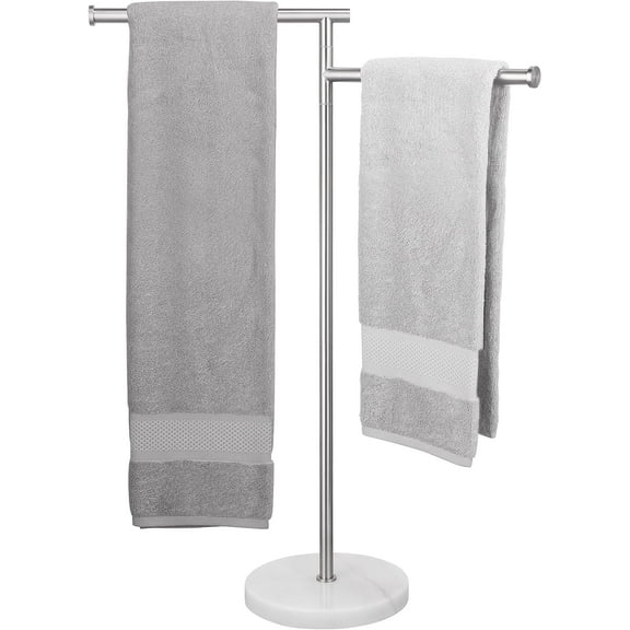 Standing Towel Racks for Bathroom Floor, Freestanding Swivel Standing 2 Arms Bath Towel Racks with Weighted Marble Base, SUS304 Stainless Steel Brushed Finish