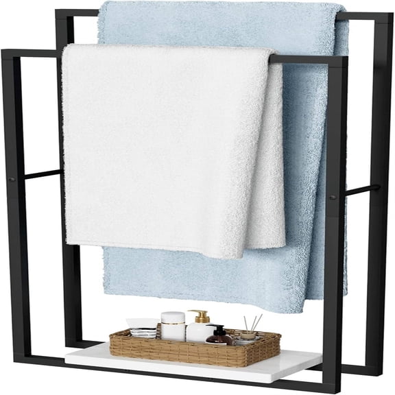 Standing Towel Racks for Bathroom with Heavy Marble Base, 38" H Towel Rack Stand for Bathroom 2-Tier, Blanket Rack for Bathroom Floor, Matte Black
