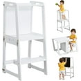 thumbnail image 1 of 4-in-1 Standing Tower for Toddlers and Kids 1-6 Years, Kitchen Learning Helper Stool with Chalkboard, Desk Table, and Chair (White), 1 of 6
