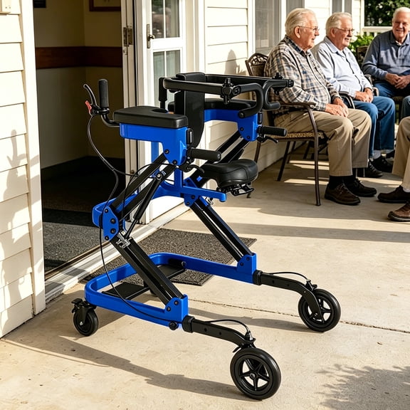Standing Walker for Seniors with Seat, Adjustable Standing Frame for Rehabilitation, Upright Platform Walker with Armrest, Blue without Leg Support, 67 lbs