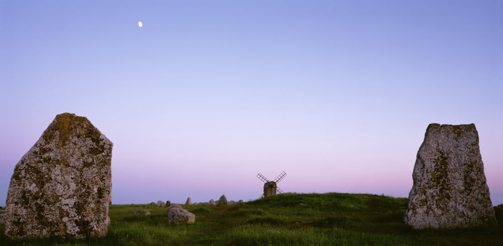 Standing stones and windmill on prehistoric gravefield Oland Sweden Canvas Art - Panoramic Images (12 x 24)