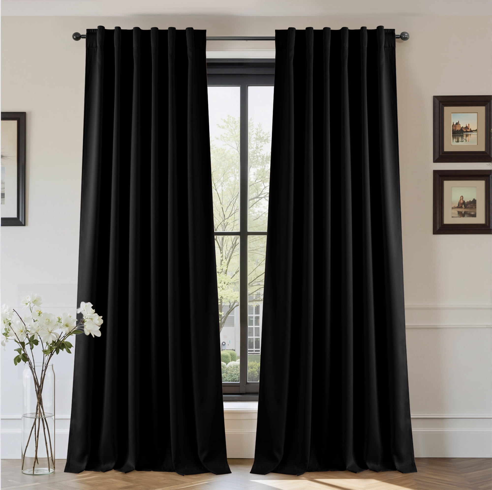 StangH 100% Blackout Black Curtains for Bedroom, Back Tab Winter-proof Drapes Thermal Insulated Noise Reducing Curtains for Kitchen/Nursery/Livng Room, W52 x L84, 2 Panels