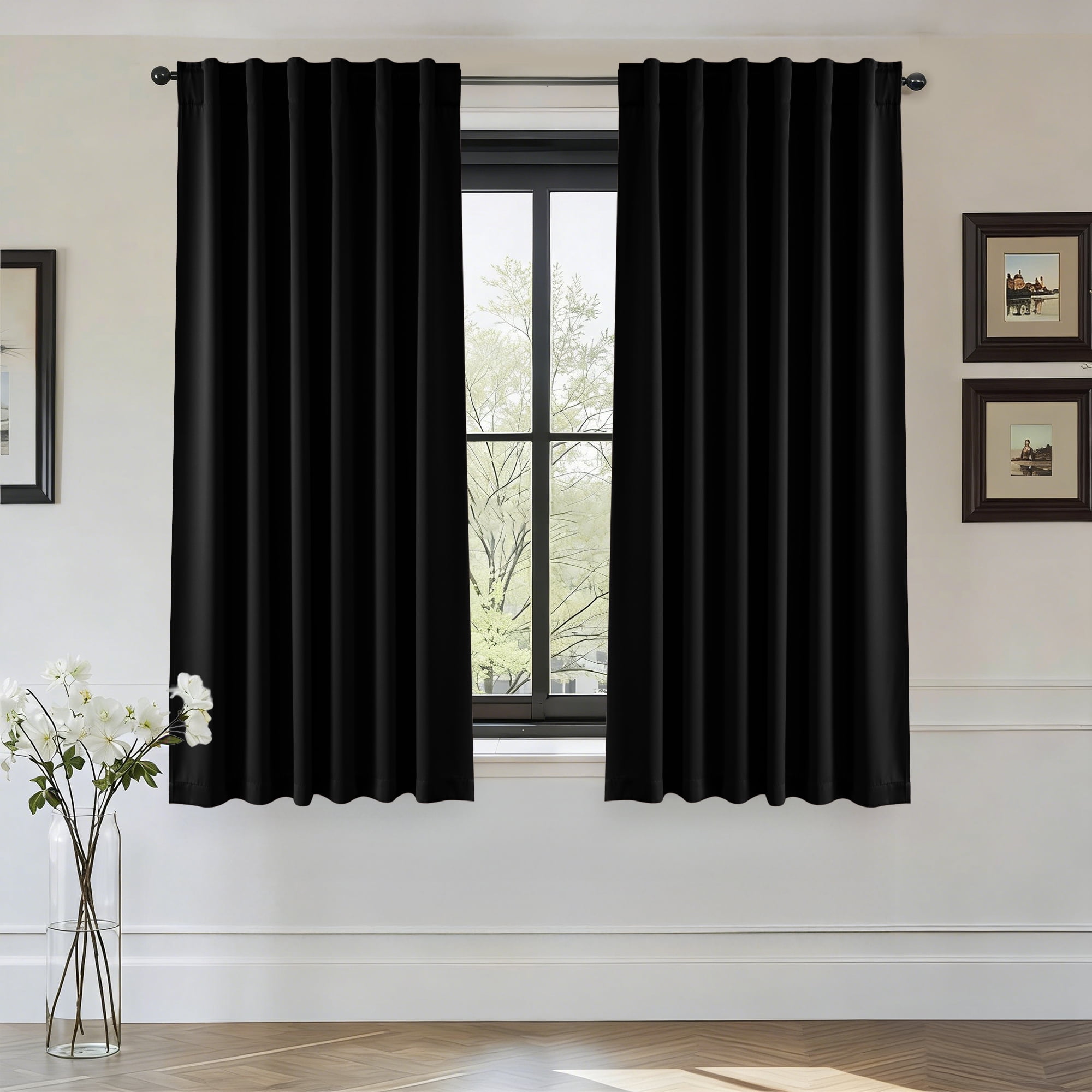 StangH 100% Blackout Curtains for Kitchen, Back Tab & Rod Pocket Drapes Temperature Regulate Room Darkening Noise Reducing Curtains for Bedroom/Bathroom, Black, W52 x L63, 2 Panels