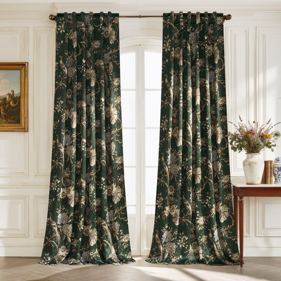 StangH 100% Blackout Printed Curtains for Living Room，Blossom Floral Bird Pattern Thermal Insulated Vintage Mid Century Farmhouse Drapes,Green,W52xL96,2 Panels