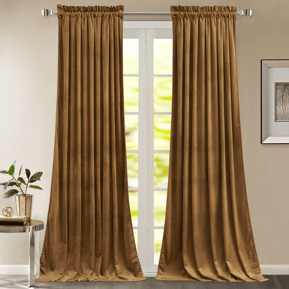 StangH 108 inches Long Gold Brown Velvet Curtains for Bedroom Windows, Thermal Insulated Light Blocking Room Divider Curtains for Sliding Door/Office, W52 x L108, 2 Panels