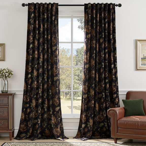 StangH Black Printed Velvet Curtains-Vintage Floral Botanical Pattern Thermal Privacy Drapes with Back Tab for Farmhouse, W52 x L84, 2 Panels