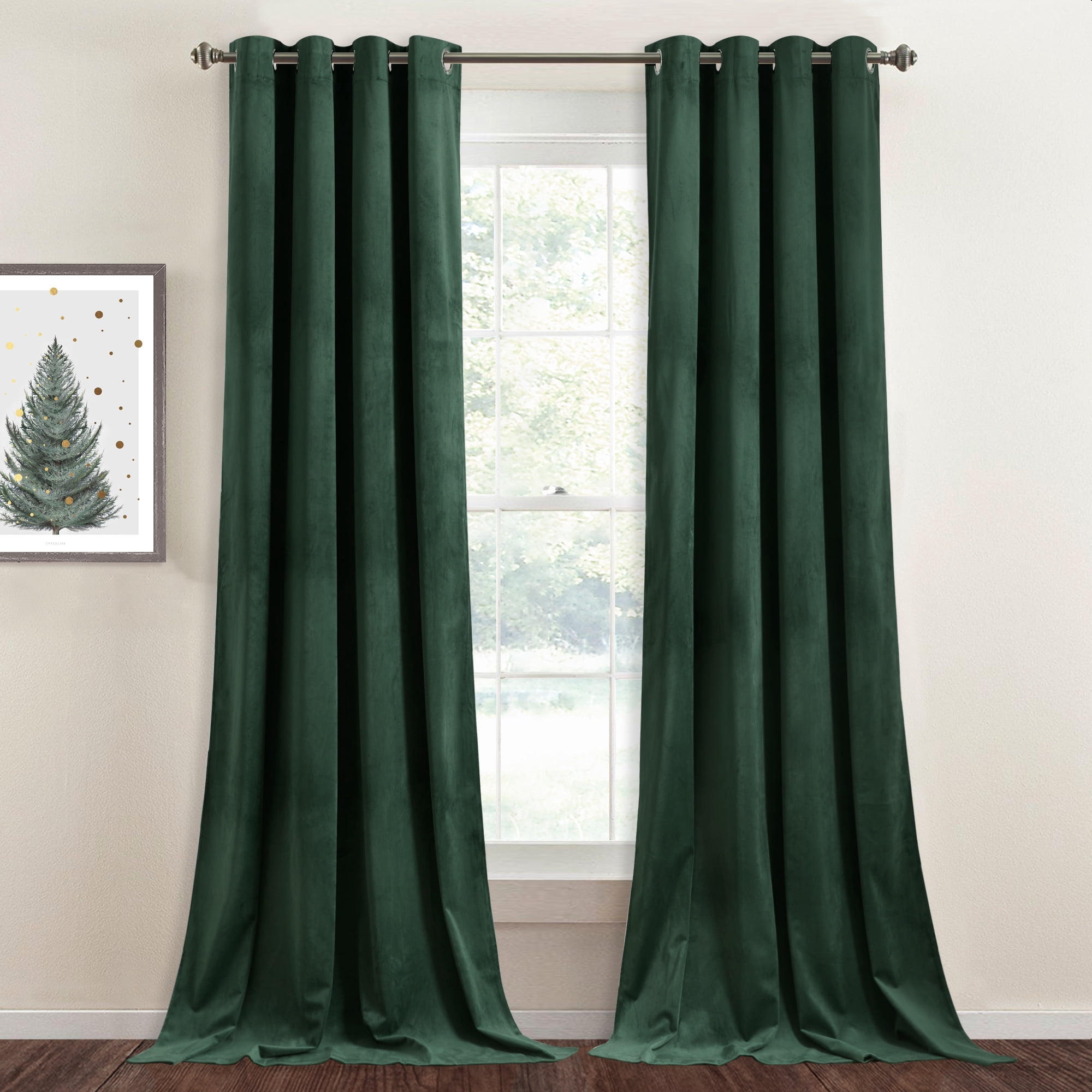 StangH Dark Green Velvet Curtains 108 - Extra Long Grommet Blackout Sliding Door Curtain Panels Privacy Assured Room Divider Curtains for Temporary Office / Shared Space, W52 x L108, 2 Panels