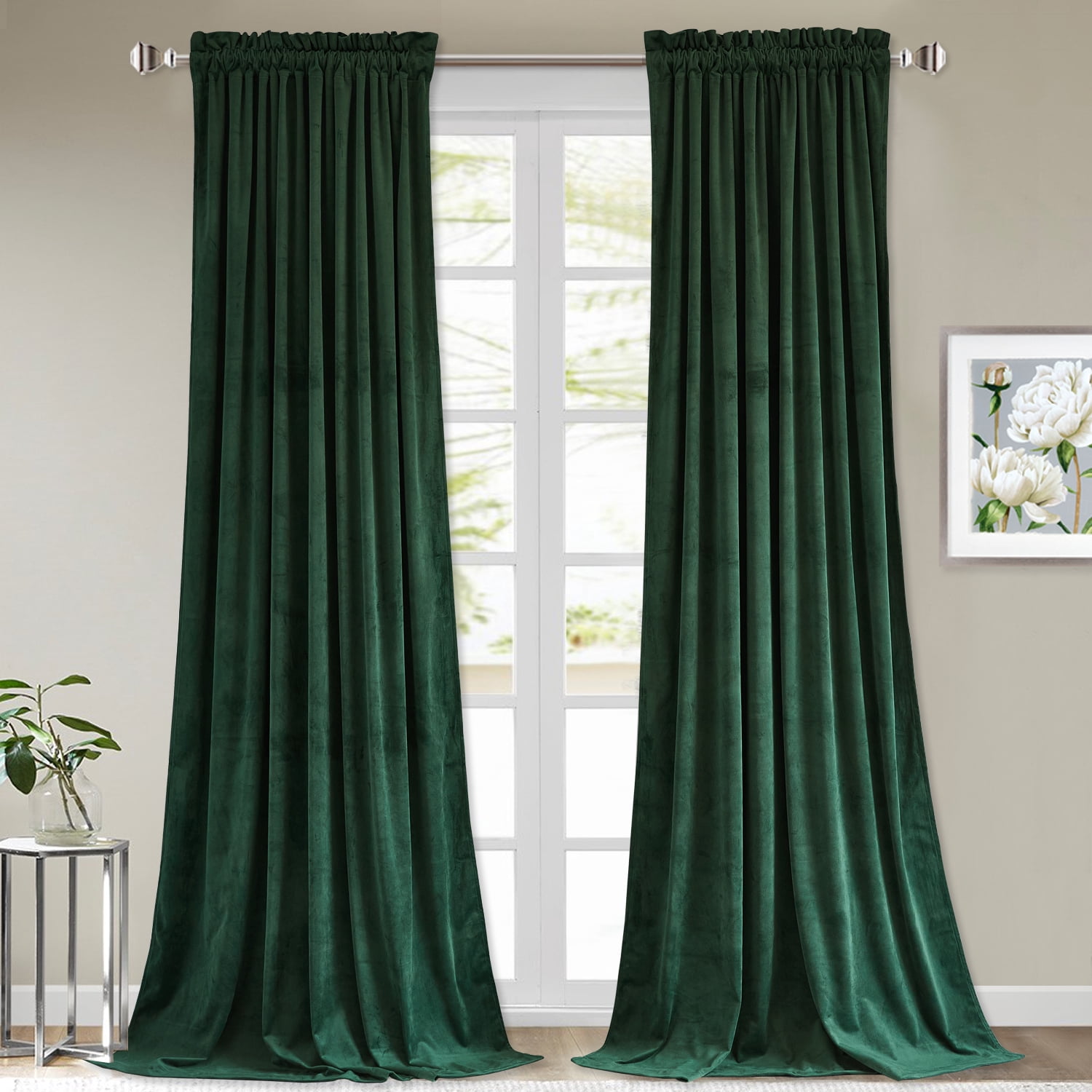 StangH Dark Green Velvet Curtains - Bedroom Privacy Blackout Window Curtains Rod Pocket Thermal Insulated Green Curtain Panels for Sliding Door/Foyers, W52 x L96, 2 Panels