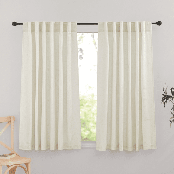 StangH Flax Linen Sheer Curtains for Living Room, Back Tab Semi Sheer Privacy Bedroom Curtains Farmhouse Light Diffusing Window Drapes for Bedroom Bay Window, Ivory, W52 x L63, 2 Panels
