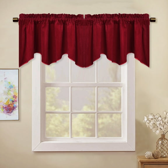 StangH Kitchen Red Scalloped Valance - 18 Inches Stylish Home Decor Thermal Curtain Tiers Room Darkening Velvet Drapes with Rod Pocket for Dining Room / Bay Window / Bedroom, 52 x 18-inch, 1 Piece