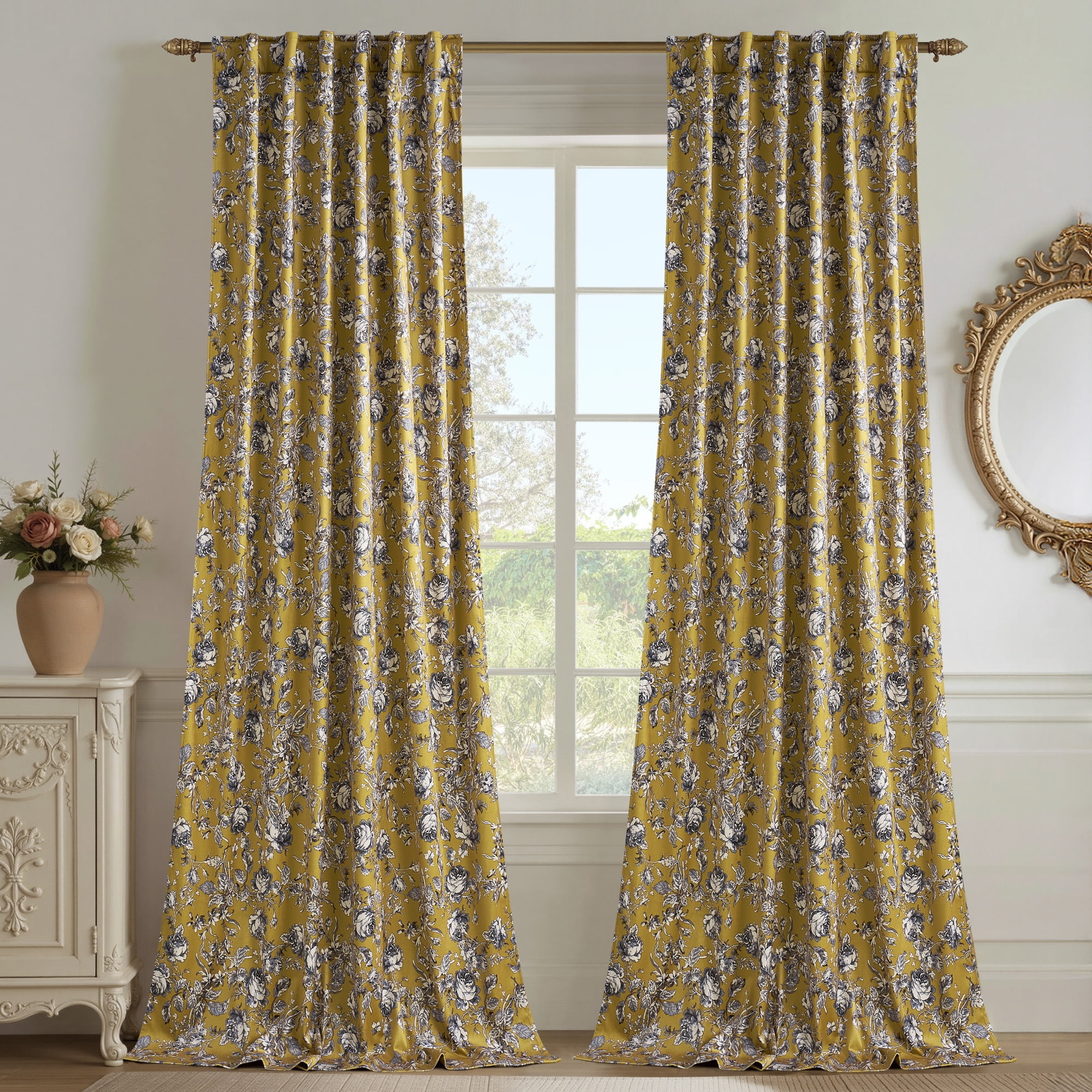 StangH Vintage Floral Velvet Curtains, Rose Patterned Drapes with Privacy Thermal Insulated Neoclassical Style for Dining Room, Mustard Yellow, W52 x L96, 2 Panels