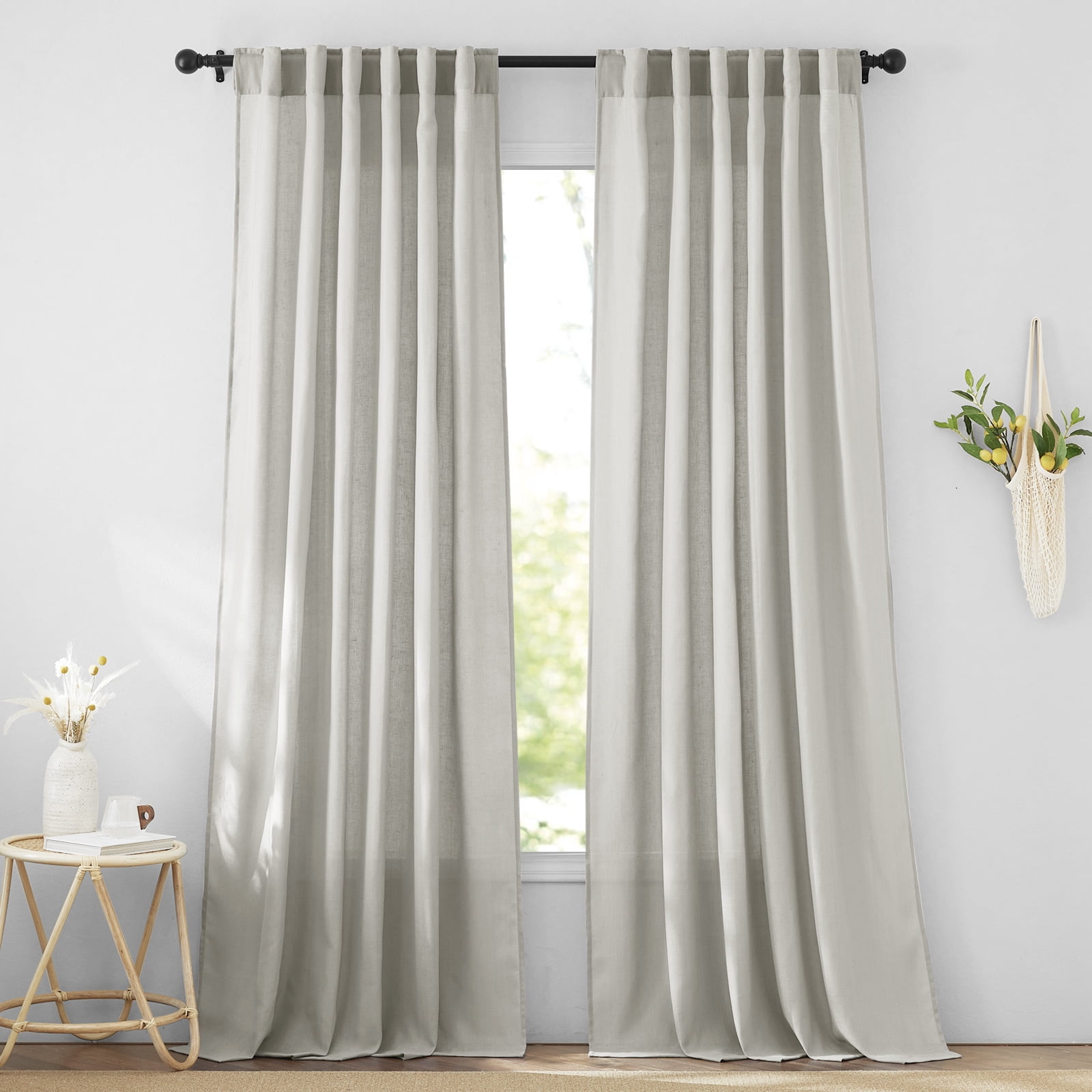 StangH Natural Linen Grey Curtains 90 inches Long, Flax Linen Blend Semi Sheer Living Room Panels Farmhouse Retro Light Airy Window Drapes for Sliding Door Bedroom,Light Grey, W55 x L90, 2 Panels