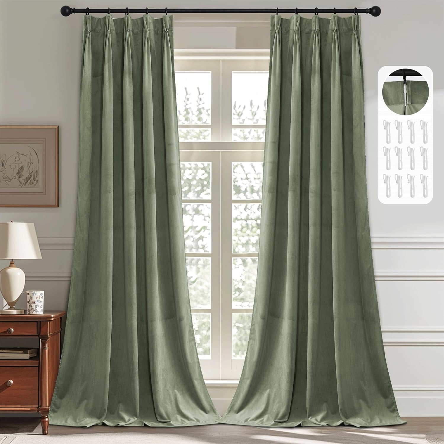 Stangh Pinch Pleated Sage Green Velvet Curtains 90 Inches Long Super