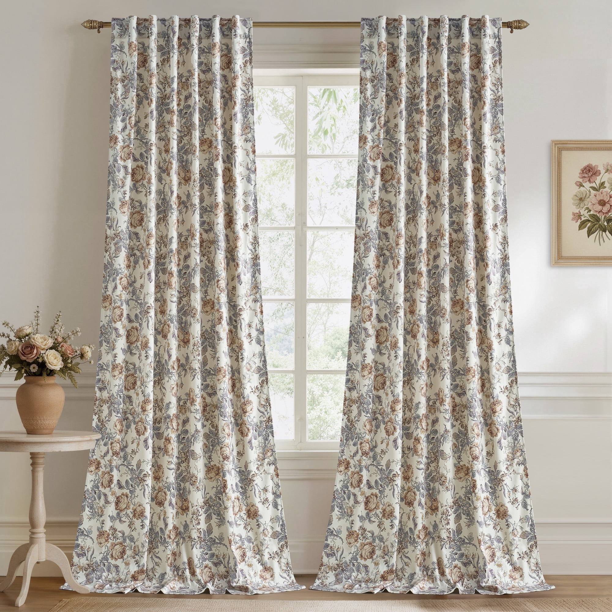 StangH Floral Velvet Curtains Vintage Peony Pattern Curtains French Country Room Darkening for Living Room, Beige, W52 x L84, 2 Panels