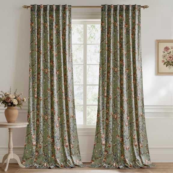 StangH Retro Sage Green Curtains for Living Room, Super Soft Velvet Print Window Drapes with Floral French Country Privacy Sliding Door Curtains for Cafe Hallway, W52 x L84, 2 Panels