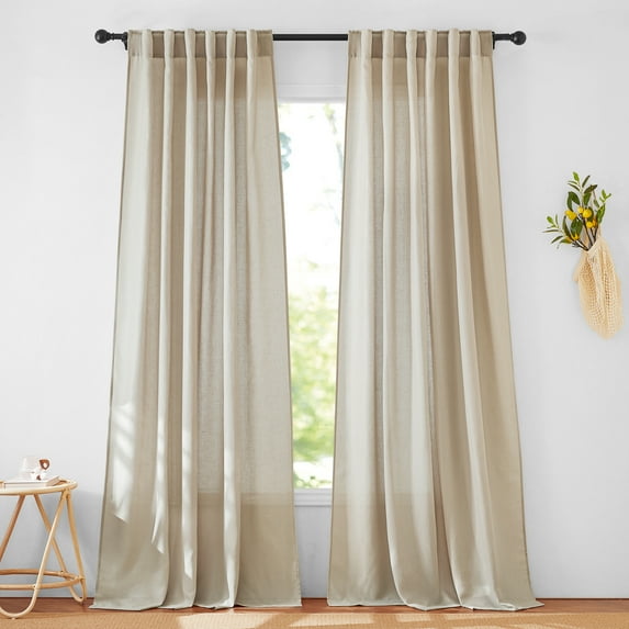 StangH Sheer Linen Curtains 90 inch Length 2 Panels Set, Flax Semi Sheer Fall Drapes Rustic Light Airy Privacy Sliding Door Curtains for Living Room Bedroom, Camel, W55 x L90