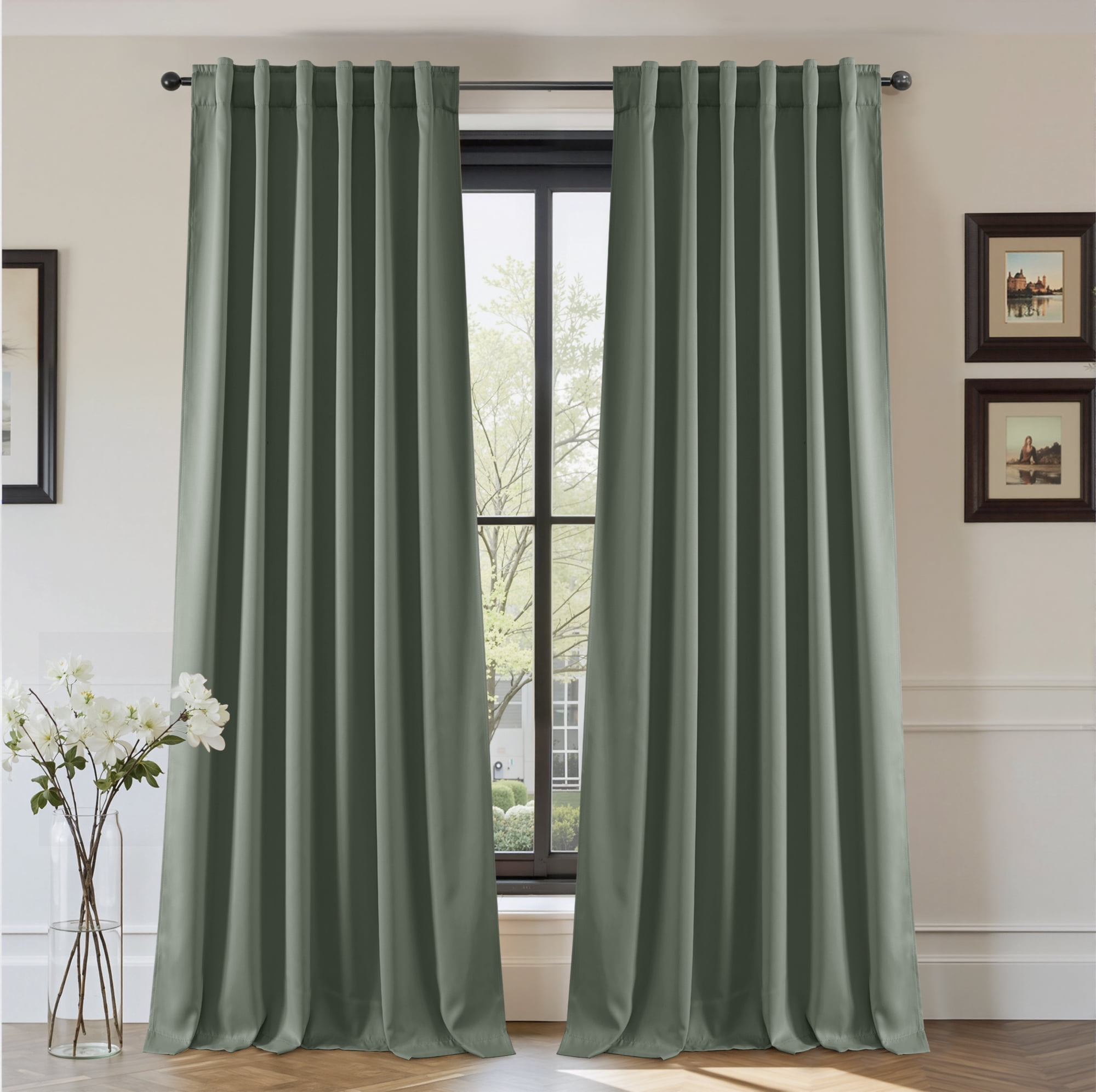 StangH Total Blackout Green Curtains for Bedroom, Back Tab Heat & Light Blocking Privacy Window Treatments for Living Room/Office/Apartment/Dorm, Sage Greem, W52 x L84, 2 Panels