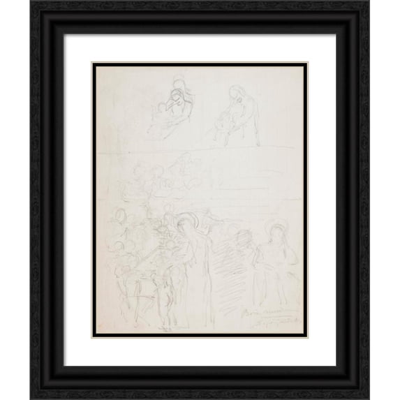 Stanisław Cercha 15x18 Black Ornate Wood Framed Double Matted Museum Art Print Titled - Sketches - Christmas Scenes - Two -Sided Drawing