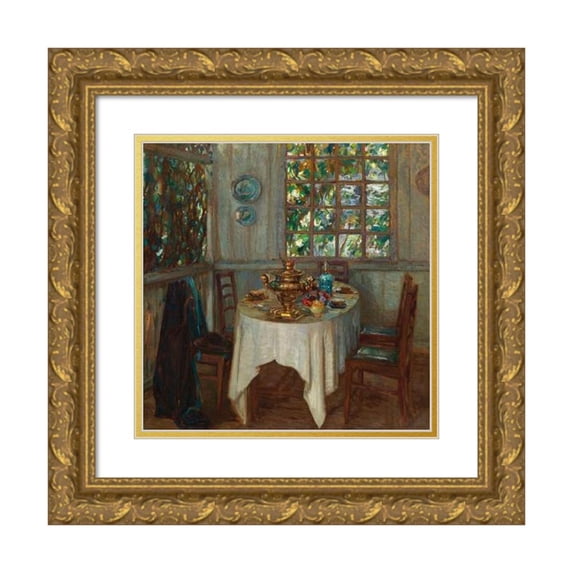 Stanislav Yulianovich Zhukovsky 12x12 Gold Ornate Wood Frame and Double Matted Museum Art Print Titled - Interior with Samovar (1914)