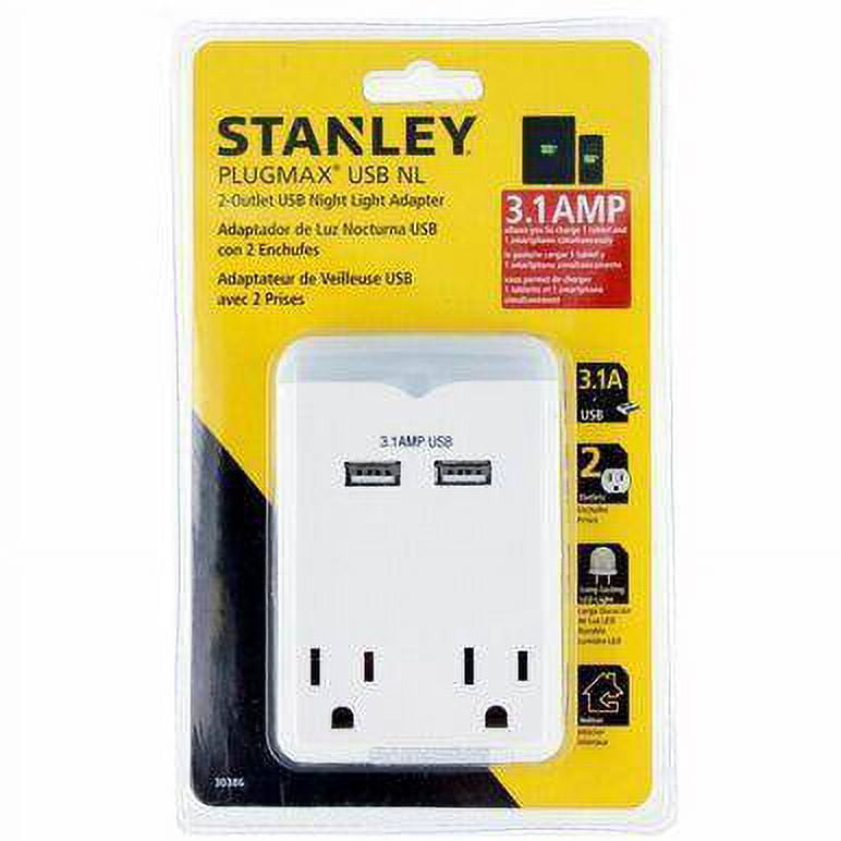 Stanley 2 Grounded Outlet USB Adapter 30386 PlugMax with 3.1AMP Fast