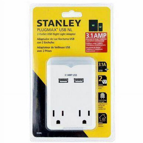 Stanley 2 Grounded Outlet USB Adapter 30386 PlugMax with 3.1AMP Fast Charging + LED Night Light