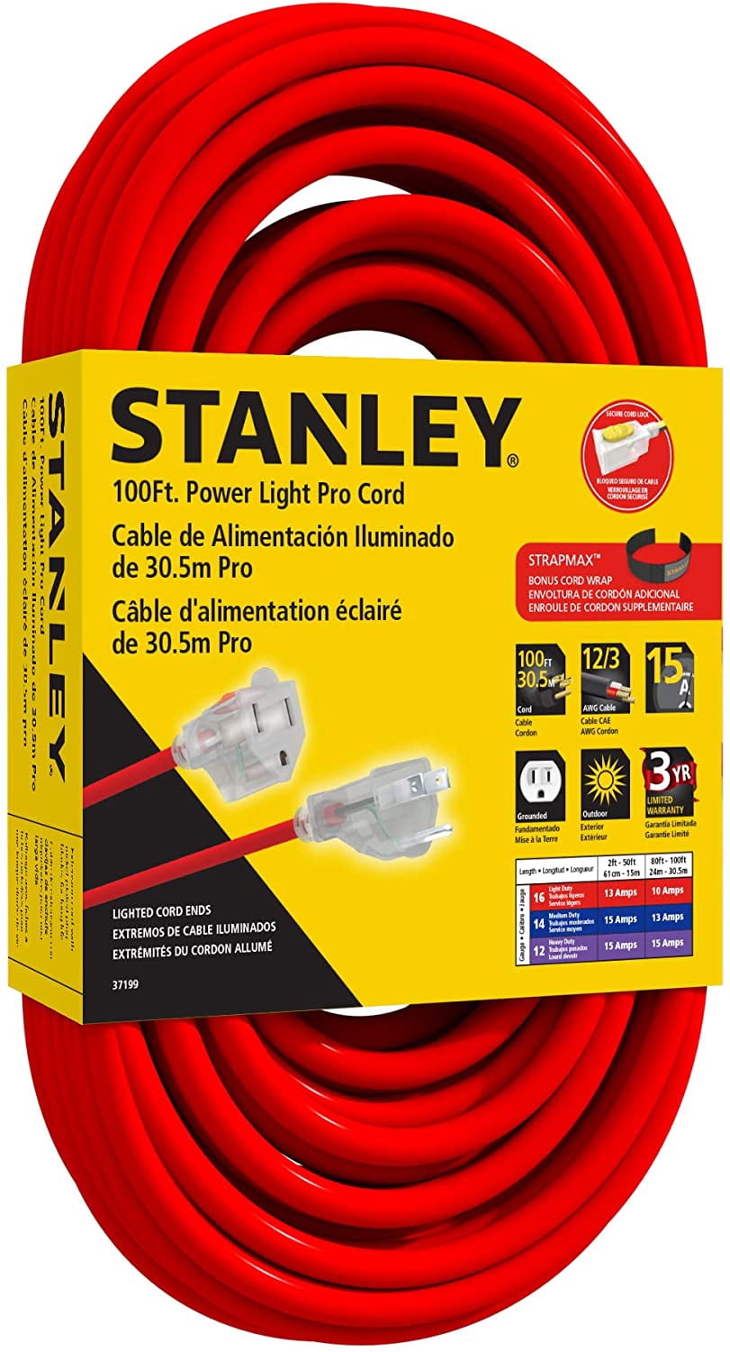 Stanley 37199 100ft Power Light Pro Cord Heavy Duty Outdoor Extension Cord, RED