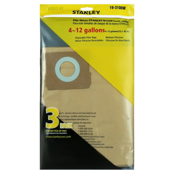 Stanley 5-8 Gallon Disposable Filter Bag for Wet/Dry Vacuums, 3-Pack