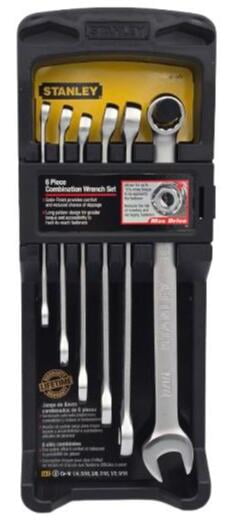 Stanley 87-247 6 Piece Satin Finish SAE Long Combination Max Drive Wrench Set 1/4" - 9/16" With Wall Mount
