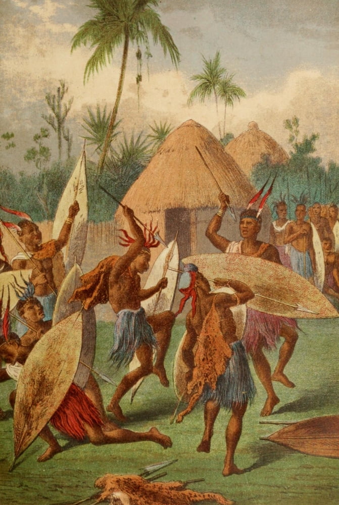 Stanley & Africa c1875 A Kaffir War dance Canvas Art - Unknown (18 x 24)