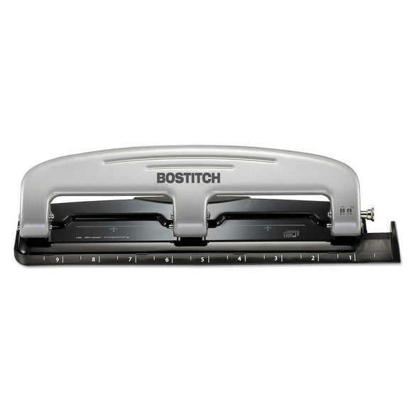 Stanley Bostitch Ez Squeeze Three-Hole Punch, 12-Sheet Capacity, Metal, Black/Silver