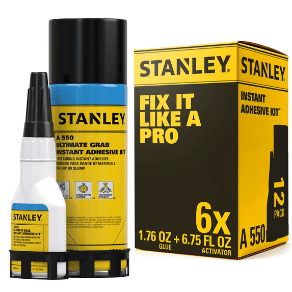 Stanley CA Glue with Activator Bundle, (1.75 oz. - 6.75 fl oz.) 6 Pack
